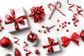 Christmas gift boxes with red ribbon, sparkles, confetti and decoration on white background. Xmas and Happy New Year holiday Royalty Free Stock Photo