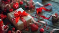 Christmas gift boxes with red ribbon on wooden background. Valentines day concept Royalty Free Stock Photo