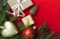 Christmas gift boxes on a rustic wooden background