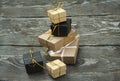 Christmas gift boxes on a rustic wooden background Royalty Free Stock Photo