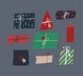 Christmas gift boxes set. Cute flat presents with ribbon, bow and label. Royalty Free Stock Photo