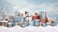 Christmas gift boxes on snow with snowman. Royalty Free Stock Photo