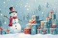 Christmas gift boxes on snow with snowman. Generative AI Royalty Free Stock Photo