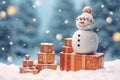 Christmas gift boxes on snow with snowman. Generative AI Royalty Free Stock Photo