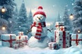 Christmas gift boxes on snow with snowman. Generative AI Royalty Free Stock Photo