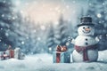 Christmas gift boxes on snow with snowman. Generative AI Royalty Free Stock Photo