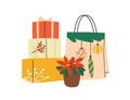 Christmas gift boxes stack and festive paper bag. Xmas presents in packages and red flower of winter poinsettia. New