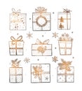 Christmas gift boxes on white glowing background. Doodle sketch vector illustration. Royalty Free Stock Photo