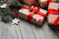 Christmas Gift Boxes On Wooden Table Copy Space Royalty Free Stock Photo