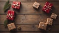 Christmas gift boxes on a wooden table with copy space Royalty Free Stock Photo