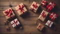 Christmas gift boxes on a wooden table with copy space Royalty Free Stock Photo
