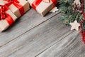 Christmas Gift Boxes On Wooden Table Copy Space