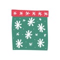 Christmas gift with bright white snowflakes. Funny green box with a red cap. Cartoon vector illustration isolated on a white Royalty Free Stock Photo