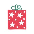 Christmas gift with bright white stars decorations. Funny red box with a surprise inside and green bow. Cartoon vector Royalty Free Stock Photo