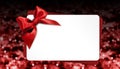 christmas gift card with red bow on blurred bright lights, template copy space