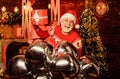 Christmas gift. Celebrate new year. December sale. Surprise concept. Santa Claus delivering gift. Gift shop. Man senior