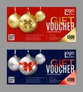 Christmas gift certificate. New Year gift voucher. Golden Christmas balls on a red and blue background. Royalty Free Stock Photo