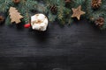 Christmas gift, coffee, marshmallow, wooden diy, evegreen fir tree. Space for text.