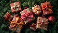 Christmas gift composition with decorative boxes and fir branches, AI-generated content Royalty Free Stock Photo
