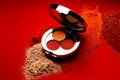 christmas gift decorative cosmetics eyeshadow cosmetic powder on red background