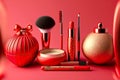 Christmas gift decorative cosmetics eyeshadow cosmetic powder on red background