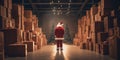 Christmas gift delivery Santa Claus standing in shop warehouse storage full of cardboard present boxes