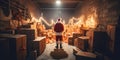 Christmas gift delivery Santa Claus standing in shop warehouse storage full of cardboard present boxes