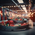 Christmas gift factory with conveyor belt with gift boxes in seasonal colours.