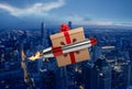 Christmas Gift flies fast by a power rocket over a city