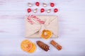 Christmas gift in furoshiki packaging. Zero waste, ecological christmas holiday Royalty Free Stock Photo