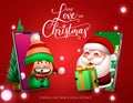 Christmas gift giving characters vector design. Give love on christmas day text with virtual santa claus and cute elf character. Royalty Free Stock Photo