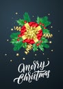 Christmas gift golden sparkling stars confetti and Xmas holiday decorations. Merry Christmas calligraphy lettering greeting car Royalty Free Stock Photo