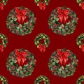 Christmas gift with green wreath, light for branches. Seamless winter simple pattern with bow tie.