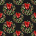 Christmas gift with green wreath, light for branches. Seamless winter simple pattern with bow tie.