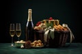 Christmas gift hamper with bottle of sparkling wine and golden balls. Generative AI