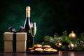 Christmas gift hamper with bottle of sparkling wine and golden balls. Generative AI