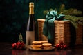 Christmas gift hamper with sparkling wine, cookies. Generative AI