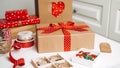 Christmas Gift ideas web banner. Red brown Xmas Gift box, kraft paper shopping bag and ribbons for wrapping. Sustainable