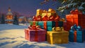 Christmas gift. A joyously-hued stack of shimmering gifts. Royalty Free Stock Photo