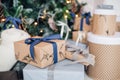 Christmas gift or present box wrapped in kraft paper on christmas decoration Royalty Free Stock Photo