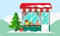 Christmas gift or presents shop.Winter xmas, shopping mall for family. Holiday market for celebration, gift sale building facade e