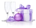 Christmas gift with Purple Ball, two empty glass Royalty Free Stock Photo