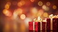 Christmas gift red boxes on blurred background with defocused lights - Generative AI Royalty Free Stock Photo