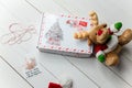 Christmas gift and reindeer toy on white wooden table. Inscription on the card: Happiness is snow, sweets and warm mittens