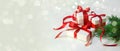 Christmas Gift`s in white box with red ribbon on light background. New year holiday composition banner. Copy space Royalty Free Stock Photo