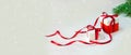 Christmas Gift`s in White Box with Red Ribbon on Light Background. New Year Holiday Composition Banner. Copy Space Royalty Free Stock Photo