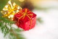 Christmas gift on snow macro Royalty Free Stock Photo