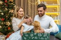 Christmas gift surprise. Parents gave their daughter a small dog for the New Year. Dad holds a box with a gift, mom Royalty Free Stock Photo