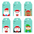 Christmas Gift Tag Set. Santa Claus Elf Snowman White Polar Bear Raindeer Deer Penguin Bird Face. New Year. Cute Cartoon Funny