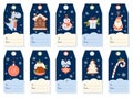 Christmas gift tags. Card labels with dragon, Santa, gingerbread house and tree, snowman, caramel, Xmas cake and balls
